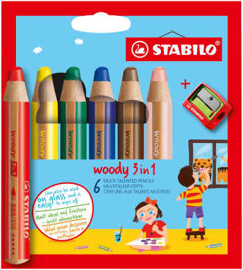 STABILO woody 3-in-1 Multi-Talented Pencil - Wallet of 6 - Assorted Colours