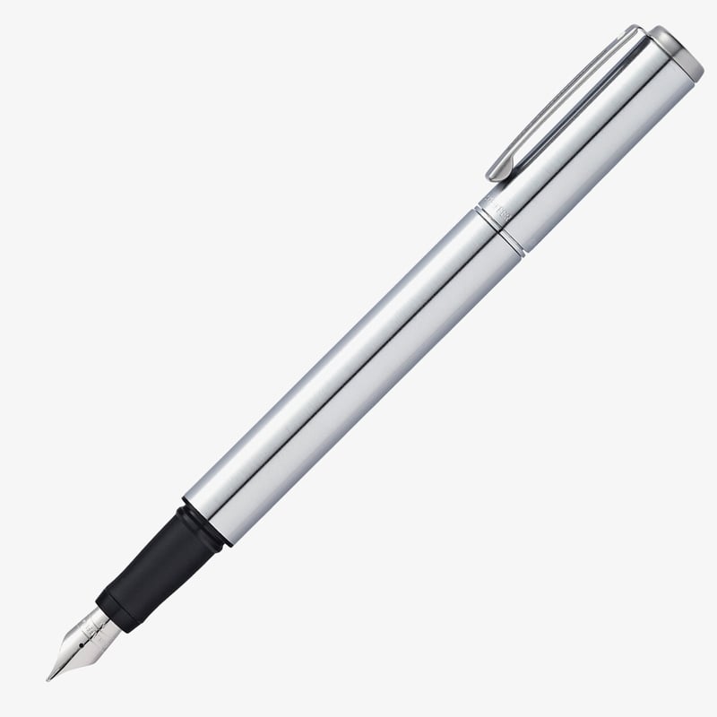 thumbnail image 2 of Sheaffer Taranis Brushed Chrome Fountain Pen | Medium Stainless Steel Nib | Metal Body With Chrome Trim | Blue Ink | New 2 of 6