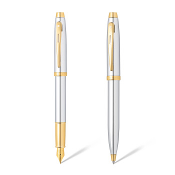 Sheaffer 100 Ballpoint Pen & Fountain Pen Gift Set - Bright Chrome Gold Trim - Picture 1