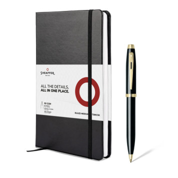 Sheaffer 100 Ballpoint Pen Gift Set - Gloss Black Gold Trim with A5 Notebook