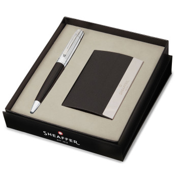 Sheaffer 100 Ballpoint Pen Gift Set - Matte Black Chrome Trim with Business Card Holder