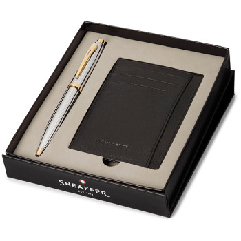 Sheaffer 300 Ballpoint Pen Gift Set - Bright Chrome Gold Trim with Credit Card Holder