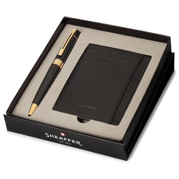 Sheaffer 300 Ballpoint Pen Gift Set - Gloss Black Gold Trim with Credit Card Holder