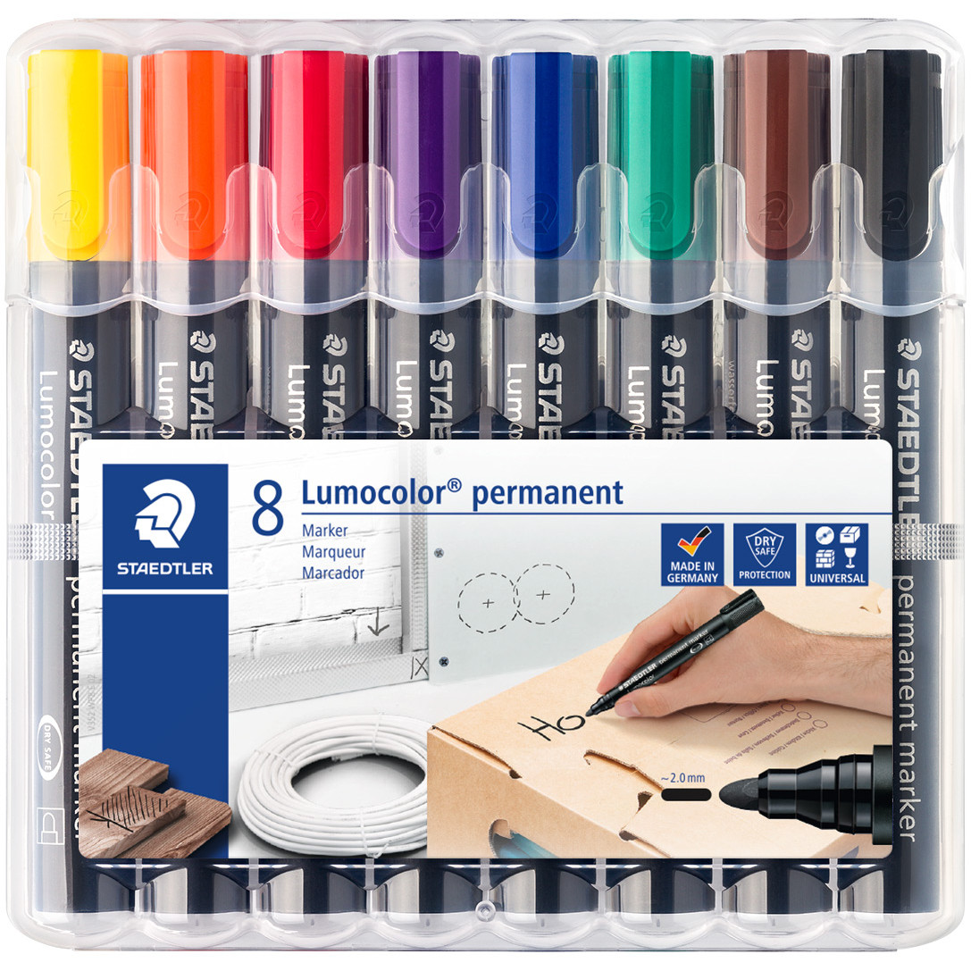 Staedtler Lumocolor Permanent Markers - Bullet Tip - Assorted Colours (Pack of 8)