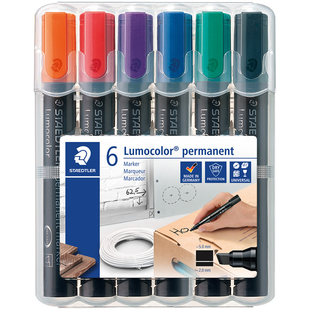 Staedtler Lumocolor Permanent Markers - Chisel Tip - Assorted Colours (Pack of 6)