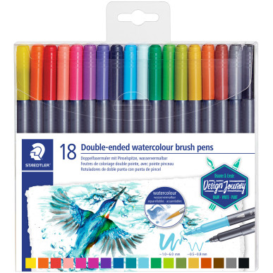 Staedtler Double Ended Watercolour Brush Pen - Assorted Colours (Pack of 18)