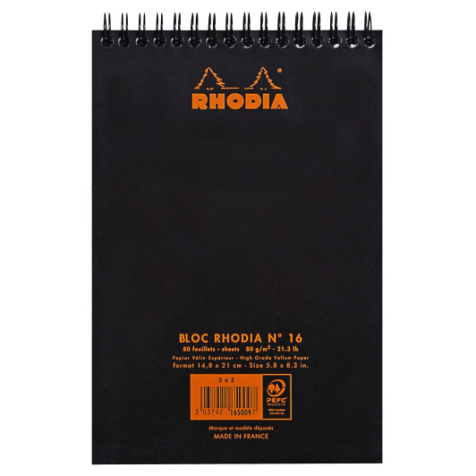 Rhodia Classic Wirebound Notepad - Large - Black - Squared - Picture 1