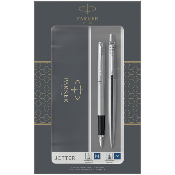 Parker Jotter Fountain & Ballpoint Pen Gift Set - Stainless Steel Chrome Trim