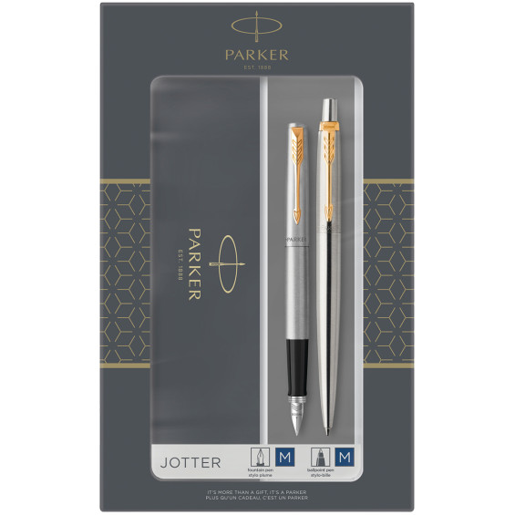 Parker Jotter Fountain & Ballpoint Pen Gift Set - Stainless Steel Gold Trim