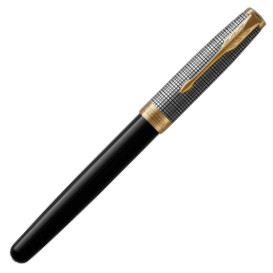 Parker Sonnet Fountain Pen - Chiselled Silver Black Lacquer Gold Trim with Solid 18K Gold Nib - Picture 1