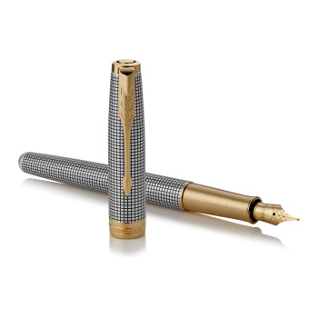 Parker Sonnet Fountain Pen - Chiselled Silver Gold Trim with Solid 18K Gold Nib - Picture 2