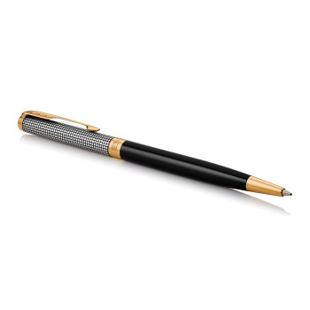 Parker Sonnet Slim Ballpoint Pen - Chiselled Silver Black Lacquer Gold Trim - Picture 1