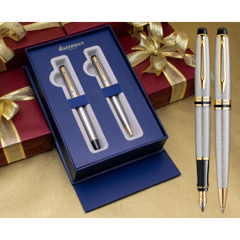 Waterman Expert Fountain & Ballpoint Pen Set - Stainless Steel Gold Trim in Luxury Gift Box