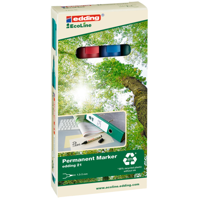 Edding 21 EcoLine Permanent Markers - Assorted Colours (Pack of 4)