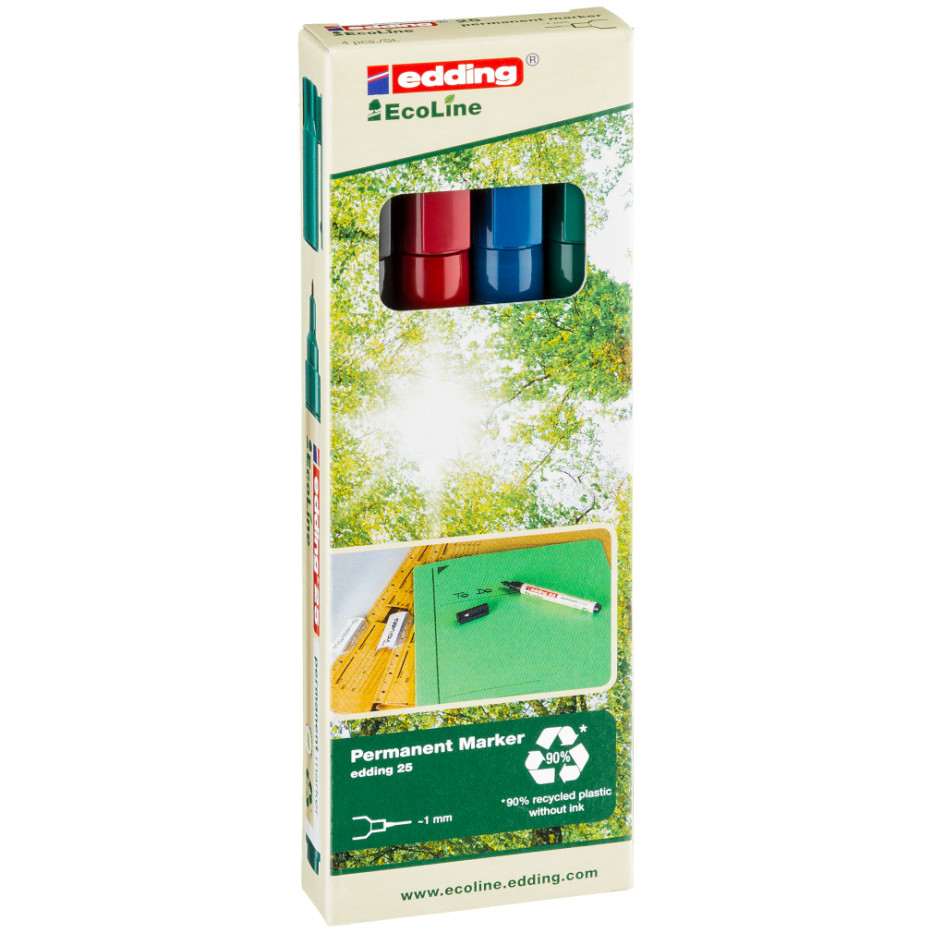 Edding 25 EcoLine Permanent Markers - Assorted Colours (Pack of 4)