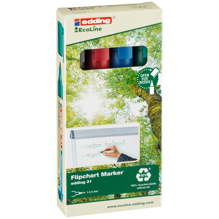 Edding 31 EcoLine Flipchart Markers - Assorted Colours (Pack of 4)