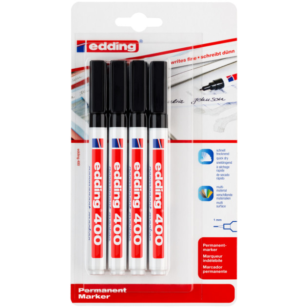 Edding 400 Permanent Markers - Black (Blister of 4)