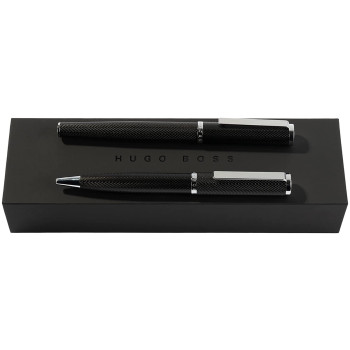 Hugo Boss Formation Fountain & Ballpoint Pen Set - Herringbone Black Chrome Trim