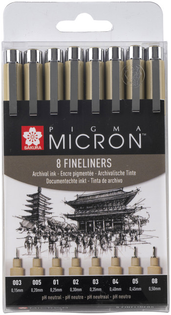Sakura Pigma Micron Fineliner Set - Assorted Sizes - Black - Pack of 8
