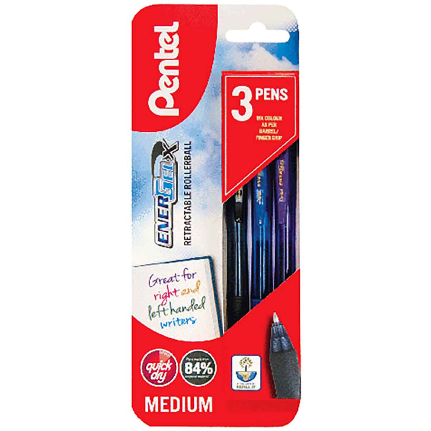 Pentel EnerGel X Retractable Rollerball Pen - Assorted Colours (Pack of 3)
