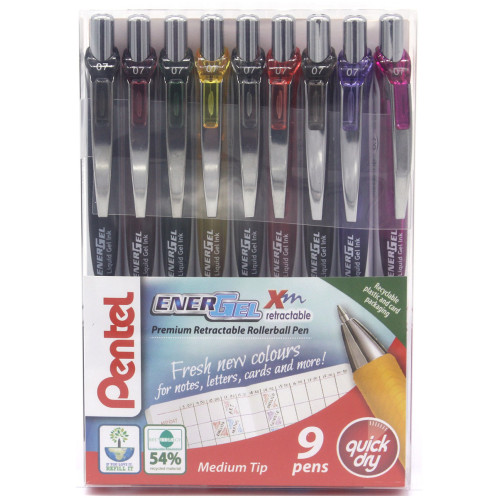 Pentel EnerGel XM Retractable Rollerball Pen - 0.7mm - New Colours (Pack of 9)