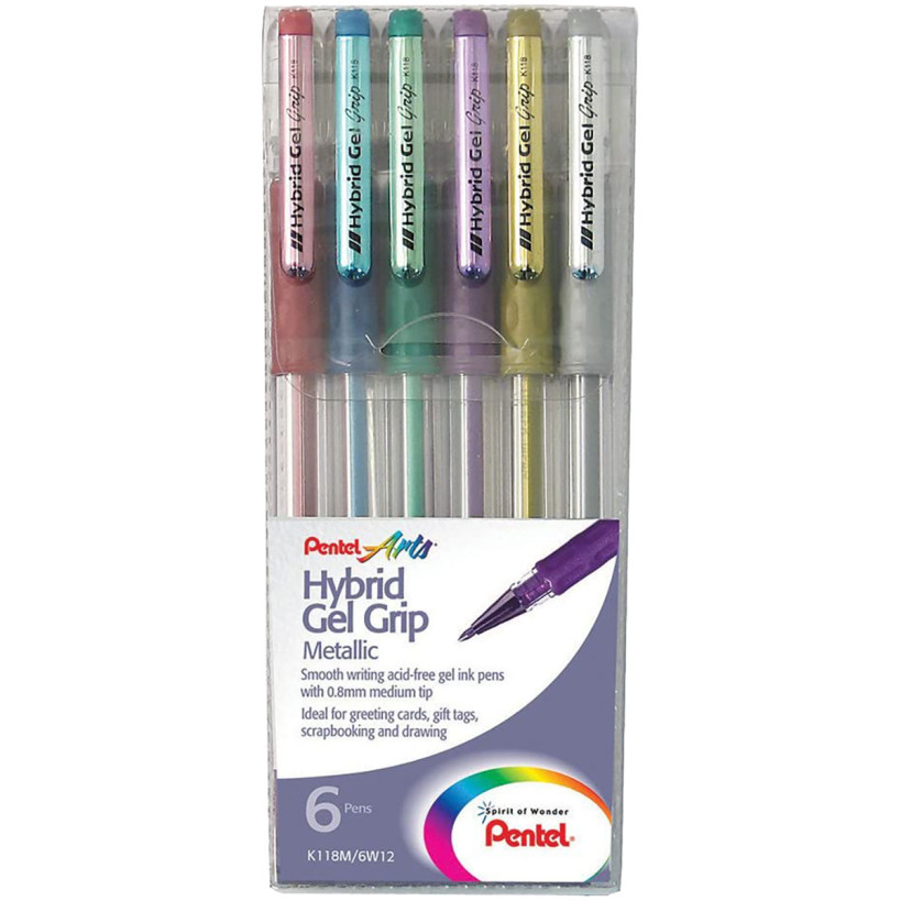 Pentel Hybrid Grip Gel Pens - Assorted Metallic Colours (Wallet of 6)