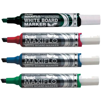 Pentel Maxiflo Slim Whiteboard Markers - Chisel Tip - Assorted Colours (Pack of 4)