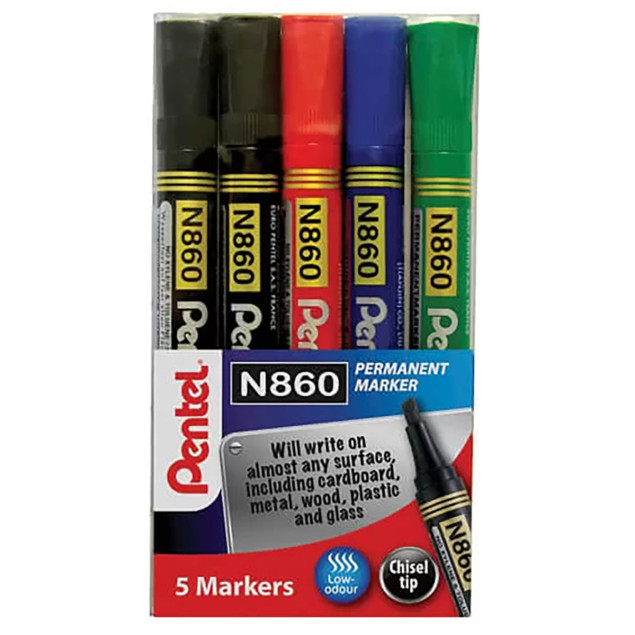 Pentel N860 Permanent Marker - Chisel Tip - Assorted Colours (Wallet of 5)