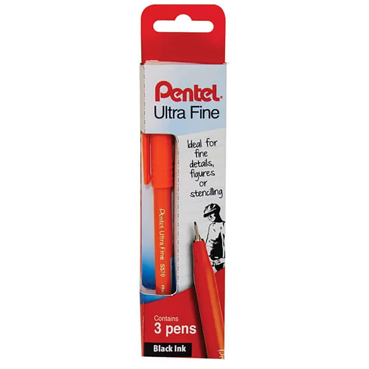 Pentel S570 Fineliner Pens - Extra Fine - Black (Pack of 3)