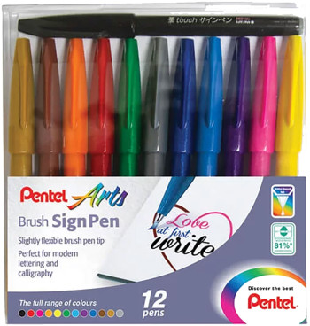 Pentel Brush Sign Pens - Assorted Original Colours (Wallet of 12)