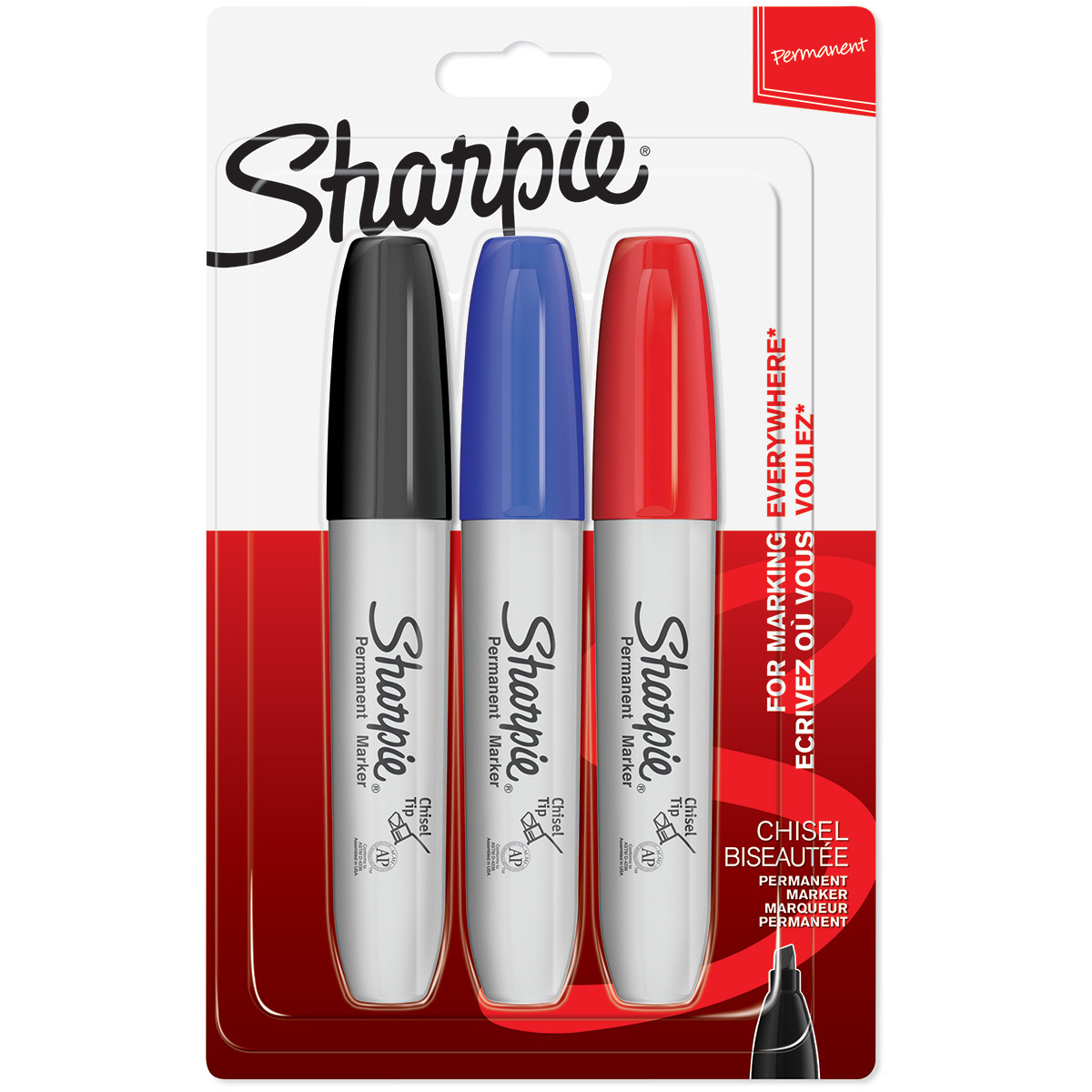 Sharpie Chisel Tip Marker Pens - Assorted Colours (Blister of 3)