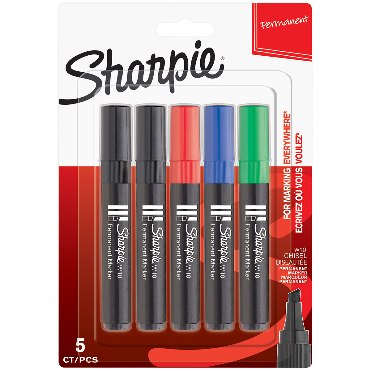 Sharpie W10 Marker Pens - Chisel Tip - Assorted Colours (Blister of 5)