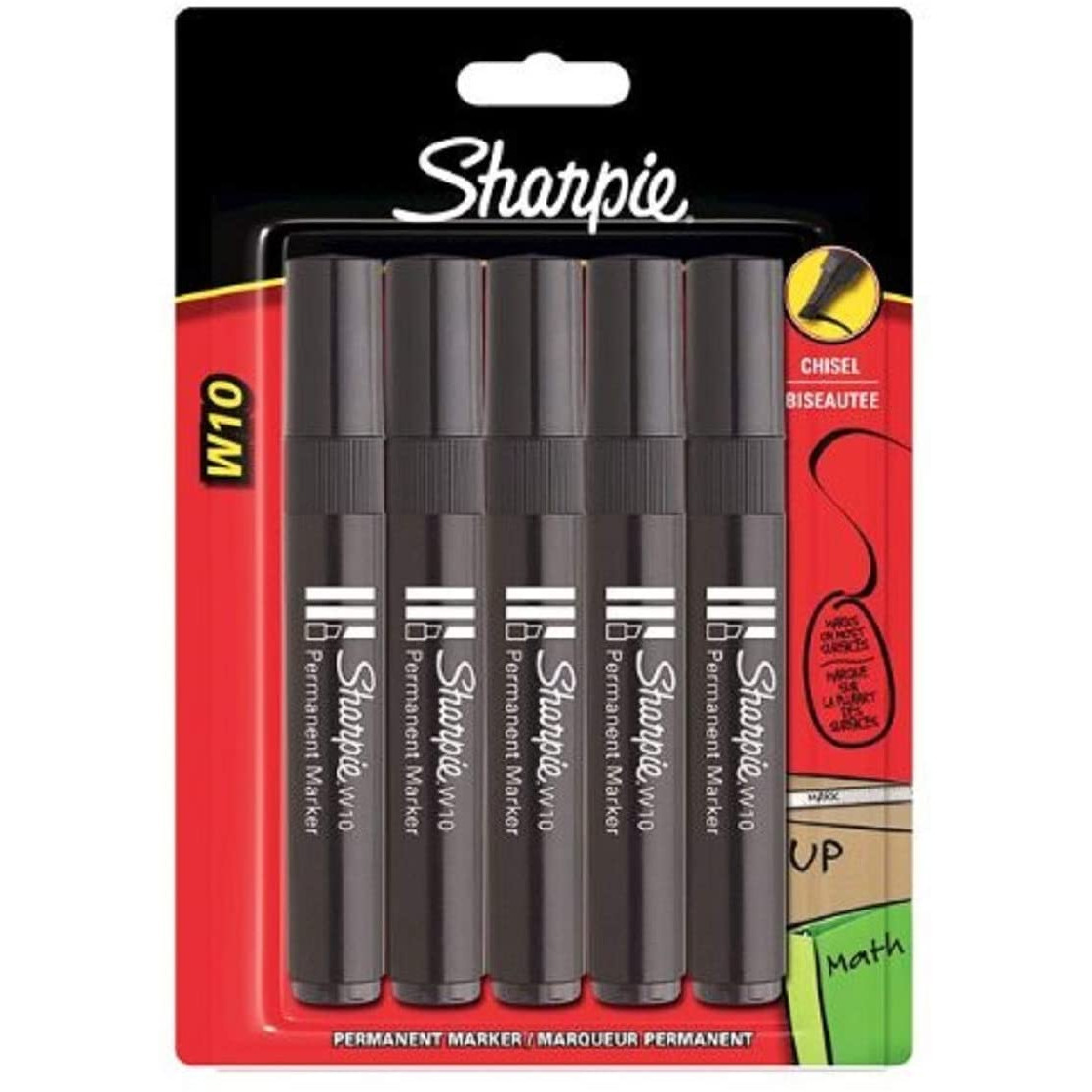 Sharpie W10 Marker Pens - Chisel Tip - Black (Blister of 5)