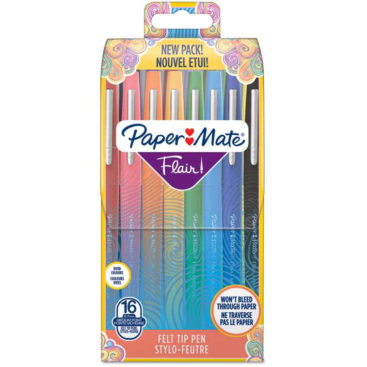 Papermate Flair Original Fibre Tip Pen - Medium - Crisp Colours (Pack of 16)