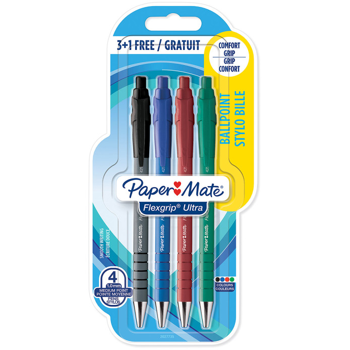 Papermate Flexgrip Ultra Retractable Ballpoint Pen - Medium - Assorted Colours (Blister of 4)