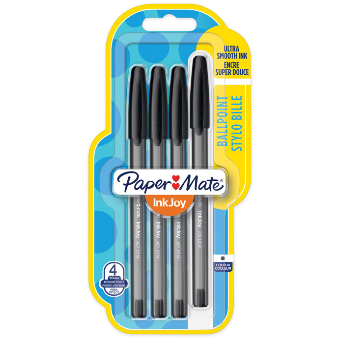 Papermate Inkjoy 100 Capped Ballpoint Pen - Medium - Black (Blister of 4)