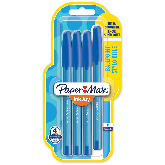Papermate Inkjoy 100 Capped Ballpoint Pen - Medium - Blue (Blister of 4)