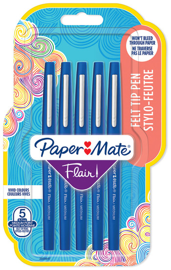 Papermate Flair Original Fibre Tip Pen - Medium - Blue (Blister of 5)