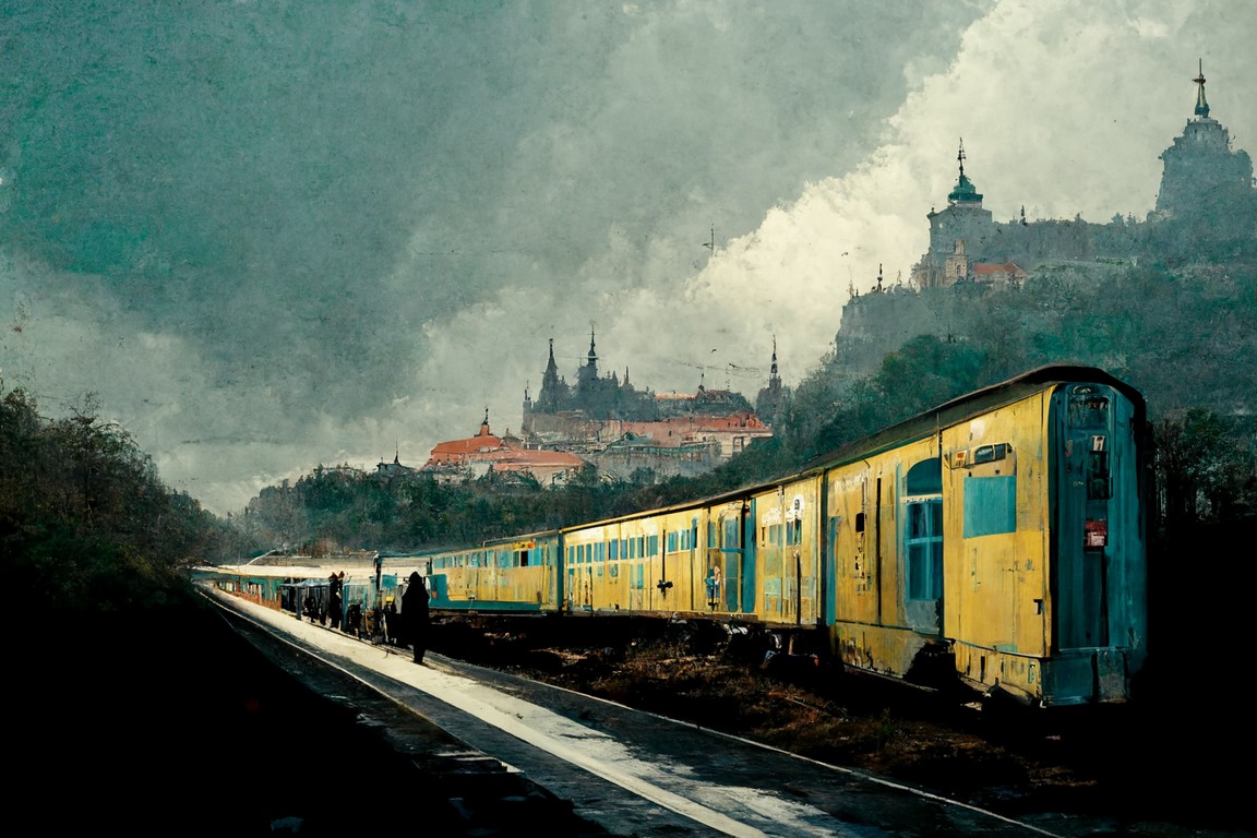 A.I. Illustration of a Train in Central Europe. Generated by Midjourney.