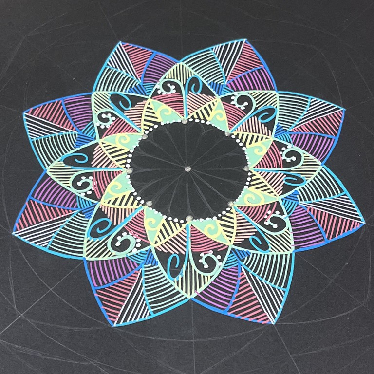 In Progress: Mandala 1 with Gelly Roll Pens on Black Paper by Kyle Nelson